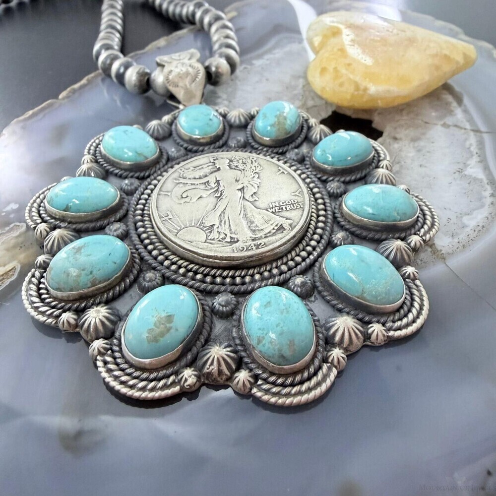 Genuine 1942 90% Silver Walking Liberty Half Dollar Coin w/Turquoise Uni Pendant - Picture 7 of 11